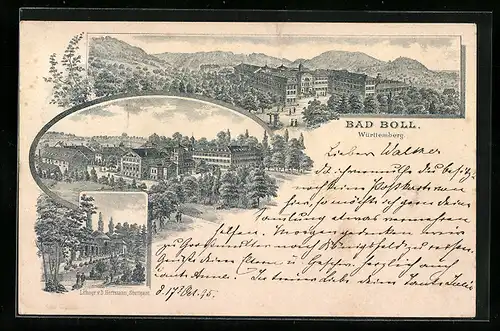 Lithographie Bad Boll /Württemberg, Ortsansichten aus der Vogelschau