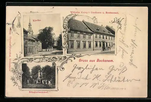 AK Bockenem, Wilhelm Knieps Gasthaus u. Restaurant, Kirche, Kriegerdenkmal