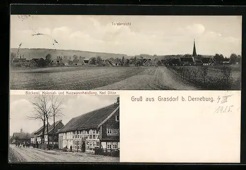 AK Grasdorf b. Derneburg, Bäckerei, Kolonial- und Kurzwarenhandlung v. Karl Ditze, Ortsansicht