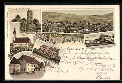 Lithographie Neukirch, Schule, König Johann Turm, Kirche