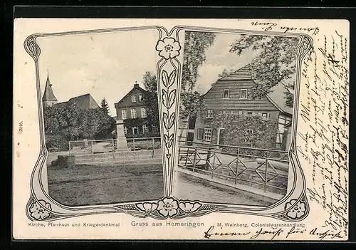 AK Hemeringen, Colonialwarenhandlung v. M. Weinberg, Kirche, Pfarrhaus u. Kriegerdenkmal