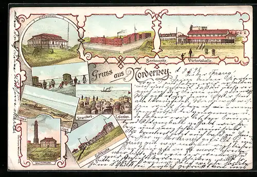 Lithographie Norderney, Seehospiz, Victoriahalle, Giftbude, Leuchtturm