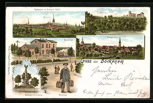 Lithographie Bockenem, Bahnhof, Kriegerdenkmal, Tilsburg