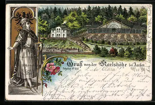 Lithographie Aachen, Gasthaus Karlshöhe mit Garten aus der Vogelschau, Karl der Grosse