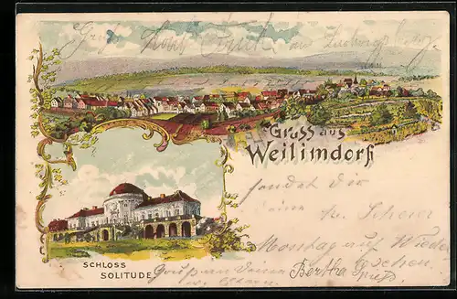 Lithographie Weilimdorf, Ortsansicht, Schloss Solitude