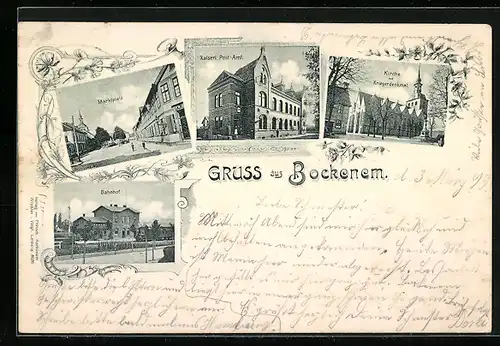 AK Bockenem, Bahnhof, Marktplatz, Kirche mit Kriegerdenkmal