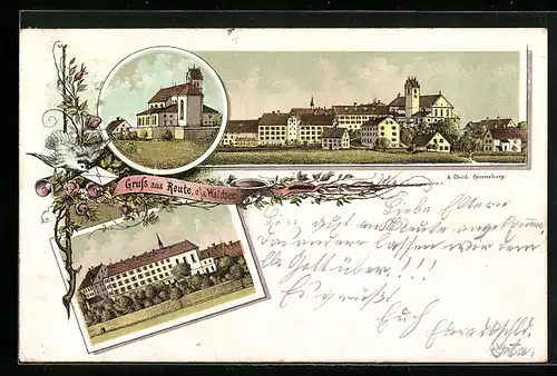 Lithographie Reute o. a. Waldsee, Ortsansicht, Kirche