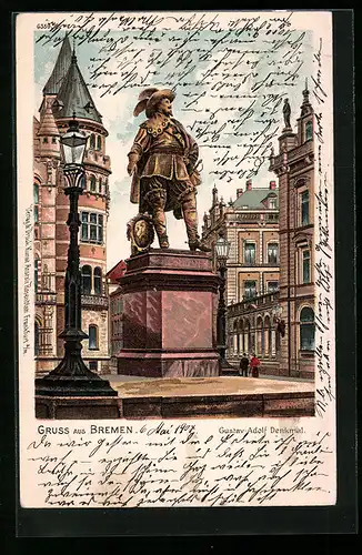 Lithographie Bremen, Gustav-Adolf Denkmal mit Gaslaterne