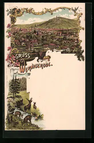 Lithographie Wernigerode, Totalansicht, Hirsche