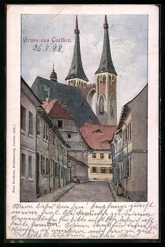 AK Köthen, Strassenpartie mit Blick zur Kirche