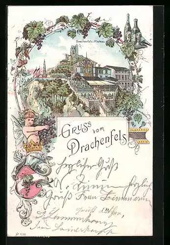 Lithographie Drachenfels, Drachenfels-Plateau, Wappen