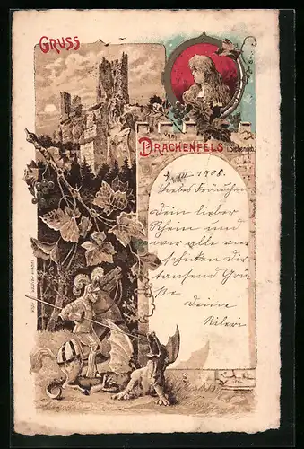 Lithographie Ruine Drachenfels im Siebengebirge