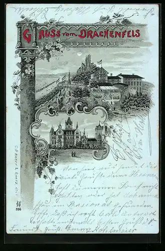 Lithographie Drachenfels, Schloss mit Gasthaus