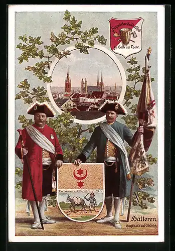 AK Halle / Saale, Halloren in ihren Trachten, Wappen, Panorama