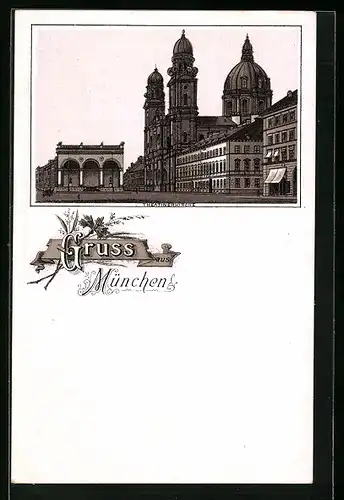 Lithographie München, Blick zur Theatinerkirche
