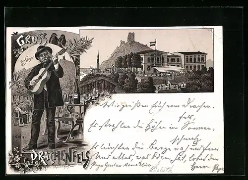 Lithographie Drachenfels, Der Sänger, Blick zur Burg