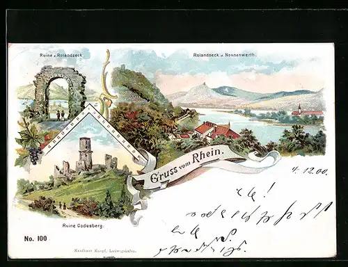 Lithographie Rolandseck-Nonnenwerth, Totalansicht, Ruine Rolandseck, Ruine Godesberg