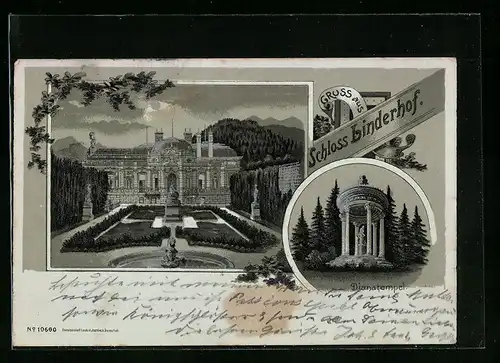 Mondschein-Lithographie Linderhof, Schloss Linderhof, Dianatempel