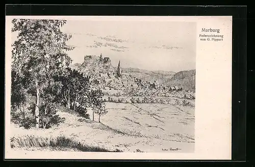 Künstler-AK Marburg, Ortsansicht, Federzeichnung von G. Pippart