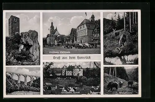 AK Kirchberg, Autos am Marktplatz, Rotwild am Grasen