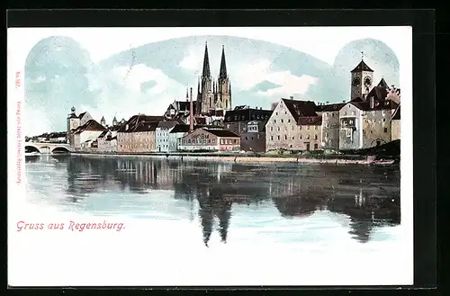 AK Regensburg, Uferpartie mit Kirche