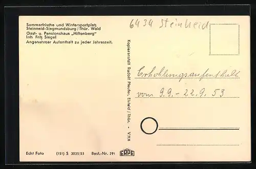 AK Steinneid-Siegmundsburg /Thür. Wald, Speisezimmer des Gast- u. Pensionshauses Hiftenberg