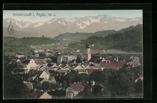 AK Immenstadt i. Algäu, Ortsansicht mit Kirche und Bergen