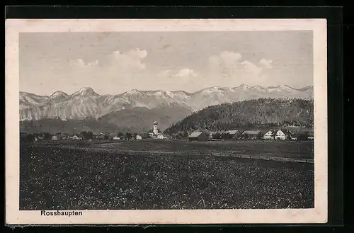 AK Rosshaupten, Ortsansicht mit Kirchturm und Bergen