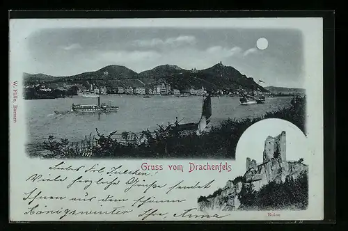 Mondschein-AK Drachenfels, Dampschiff auf dem Fluss, Burgruine