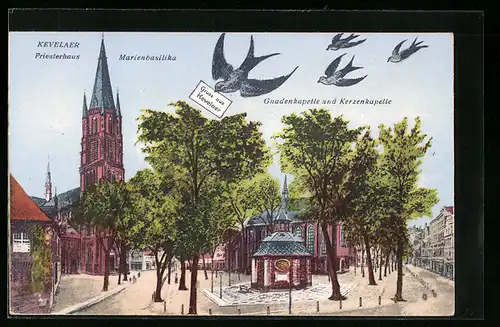 AK Kevelaer, Priesterhaus, Marienbasilika, Gnaden- und Kreuzkapelle, Schwalben