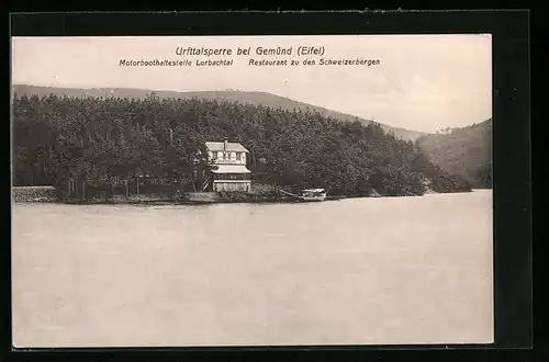 AK Gemünd /Eifel, Urfttalsperre, Motorboothaltestelle Lorbachtal, Restaurant zu den Schweizerbergen