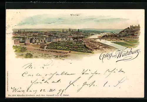 Lithographie Würzburg, Ortsansicht aus der Vogelschau