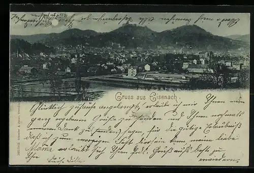 Mondschein-AK Eisenach, Blick auf Stadt und Wartburg