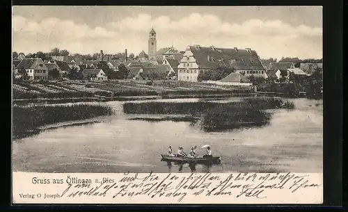 AK Öttingen a. Ries, Rudern vor dem Panorama des Ortes