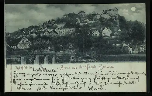 Mondschein-AK Egloffstein, Vollmond über dem Ort in der Fränkischen Schweiz