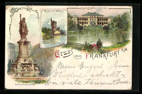 Künstler-AK Frankfurt-Ostend, Ortspartie mit Schützenbrunnen, Aquarium