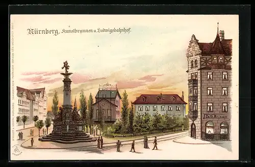 Lithographie Nürnberg, Cafe Krieger mit Kunstbrunnen und Ludwigsbahnhof