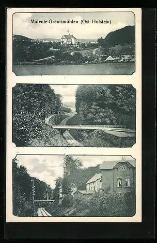 AK Malente-Gremsmühlen, Brücke über Eisenbahnstrecke, Ortsansicht mit Schloss