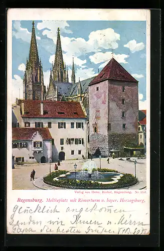 AK Regensburg, Moltkeplatz mit Römerturm und bayer. Herzogsburg