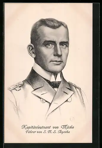 Künstler-AK Portrait des Kapitänleutnanten von Mücke, Führer der SMS Ayesha
