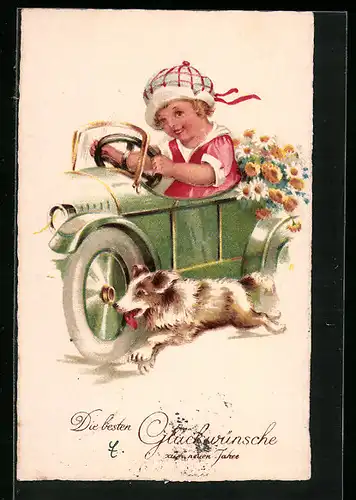 Künstler-AK Auto fahrendes Mädchen mit Blumen und Hund