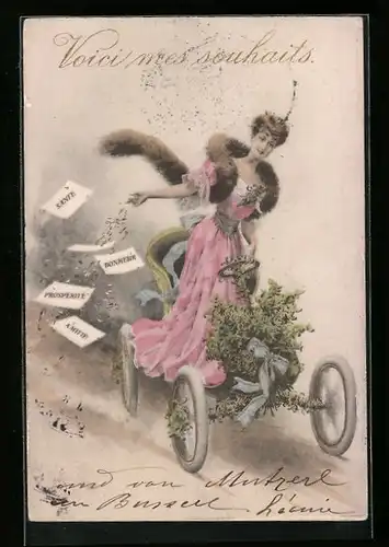 Lithographie Dame mit Pelzstola fährt Auto