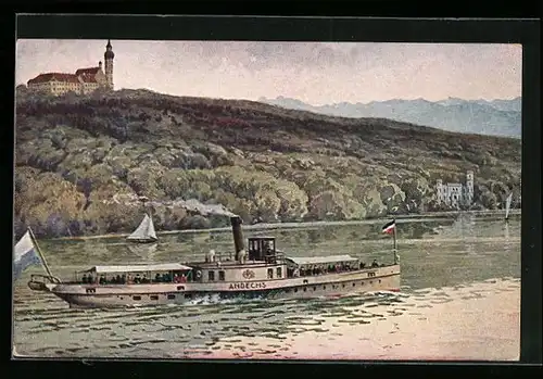 Künstler-AK Partie am Ammersee mit Kloster Andechs, Dampfer Andechs
