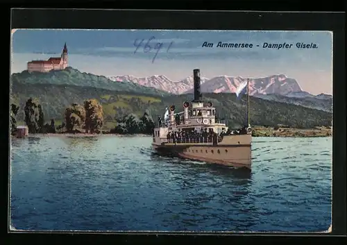 AK Am Ammersee, Partie mit Blick zum Kloster Andechs u. Seitenraddampfer Augsburg