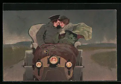 Künstler-AK Liebelei mit Chauffeur im Auto