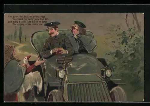 Präge-Lithographie Gänseverkäuferin verkauft an Autofahrer