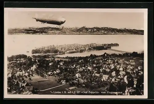 AK Lindau i.B., Flug eines Zeppelins über die Stadt