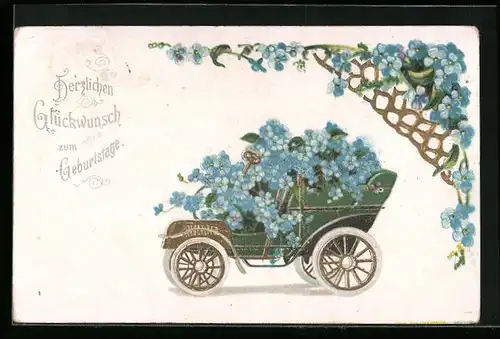 Präge-AK Grünes Auto mit Blumenschmuck, Geburtstagsgruss