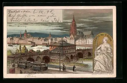 Lithographie Frankfurt, Ortsansicht mit Strassenbahn