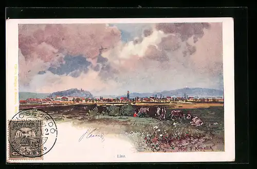 Künstler-AK Franz Kopallik: Linz, Teilansicht